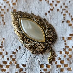 Vintage Spanish Leaf Brooch with Pearl Accent